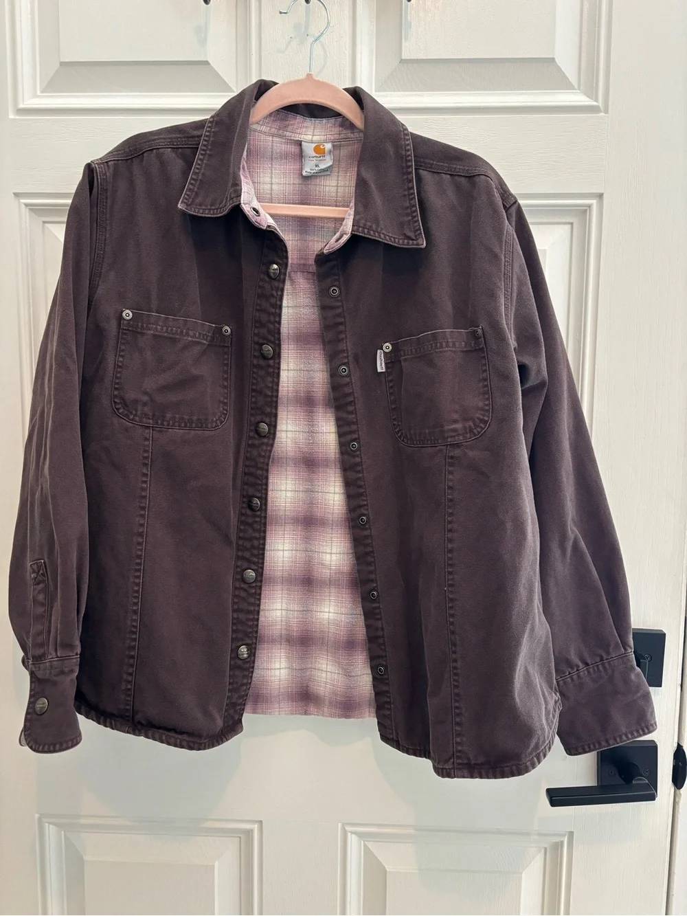 Carhartt Flannel Lined Shirt Jacket Snap XL Brown Canvas Shacket Utility Coat